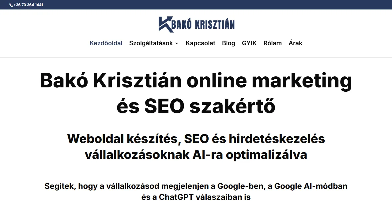 Screenshot of Bakó Krisztián Online marketing, keresőoptimalizálás, weboldal készítés, hirdetéskezelés