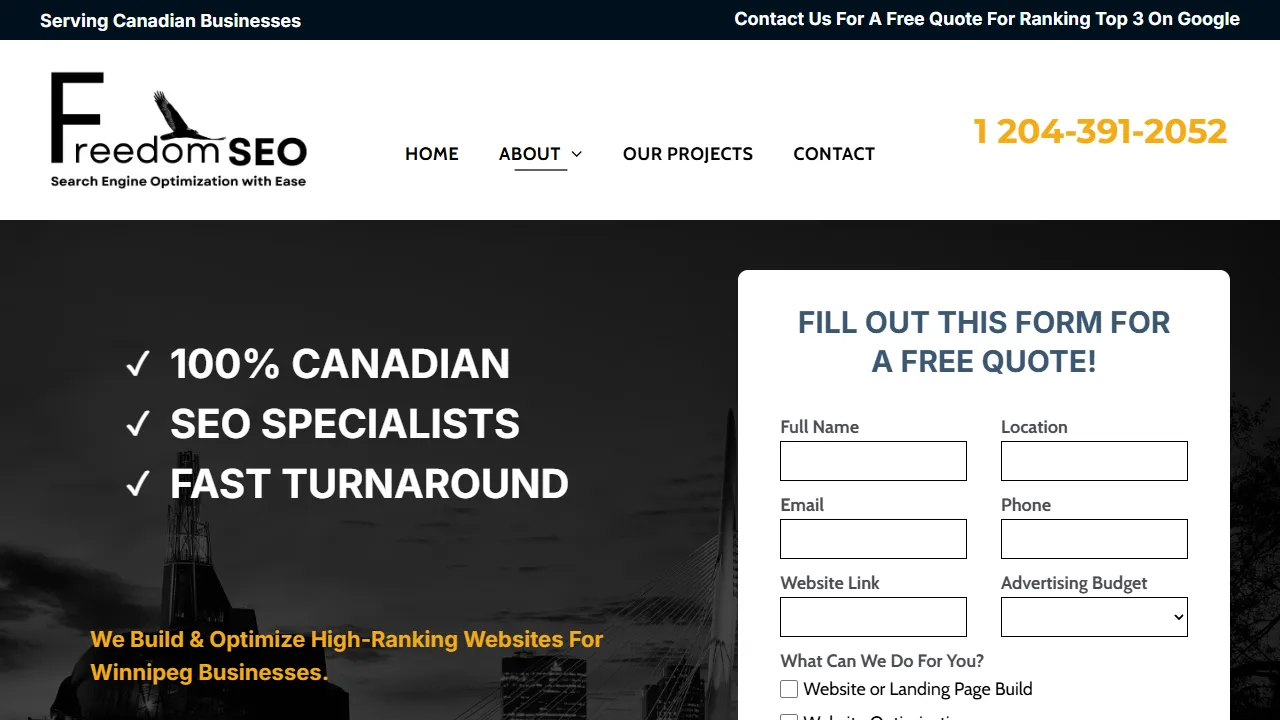 Screenshot of Freedom SEO - Winnipeg Marketing Agency