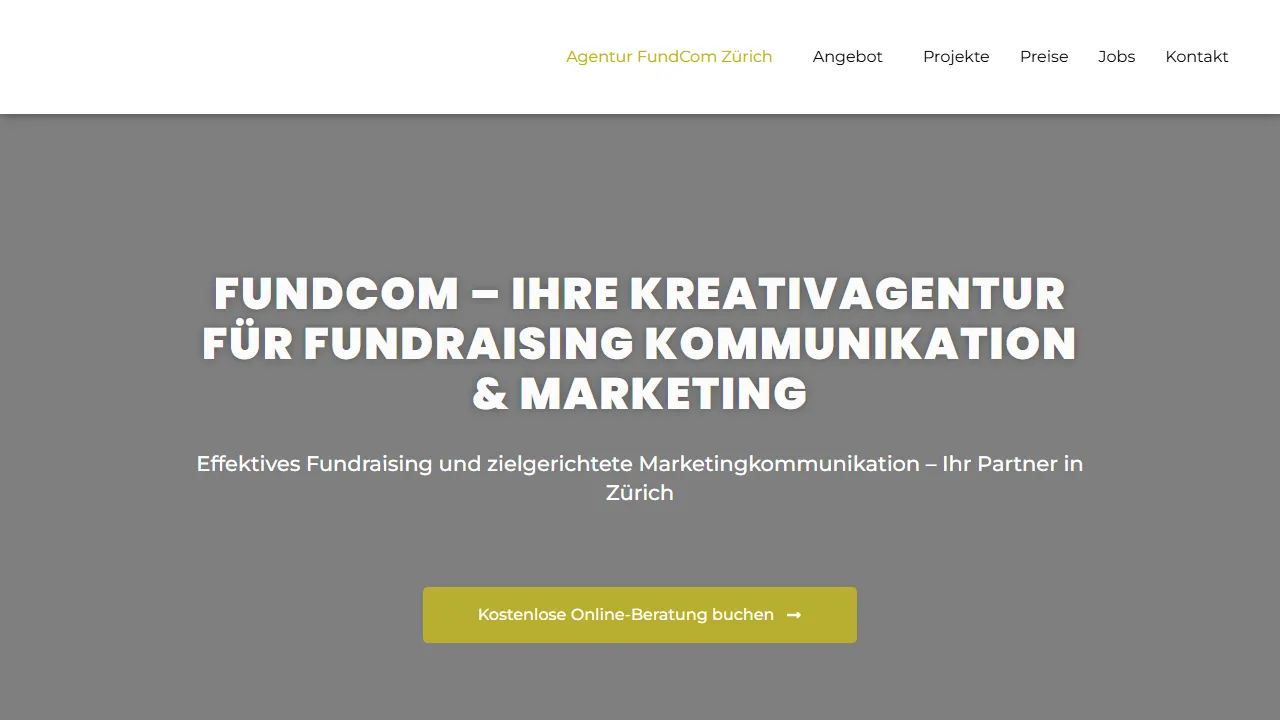Screenshot of FundCom AG | Kreativagentur für Marketingkommunikation & Fundraising in Zürich | Schweiz