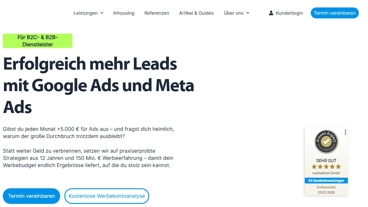 Screenshot of marketbirds GmbH | Online-Marketing-Agentur aus Düsseldorf für mehr Leads & Sales