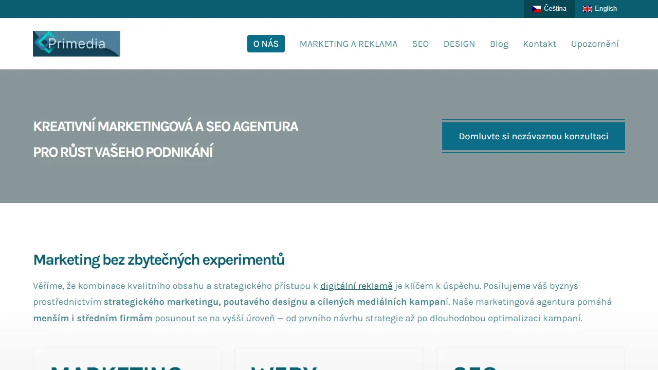 Screenshot of Primedia Online Marketing: Advertising & SEO Agency Praha 1
